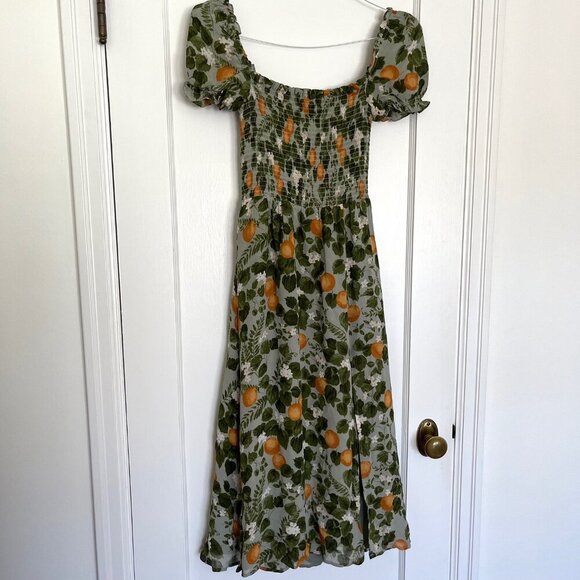 Reformation Inka Midi Smocked Dress in Orange Grove | Size XS - Picture 3 of 9